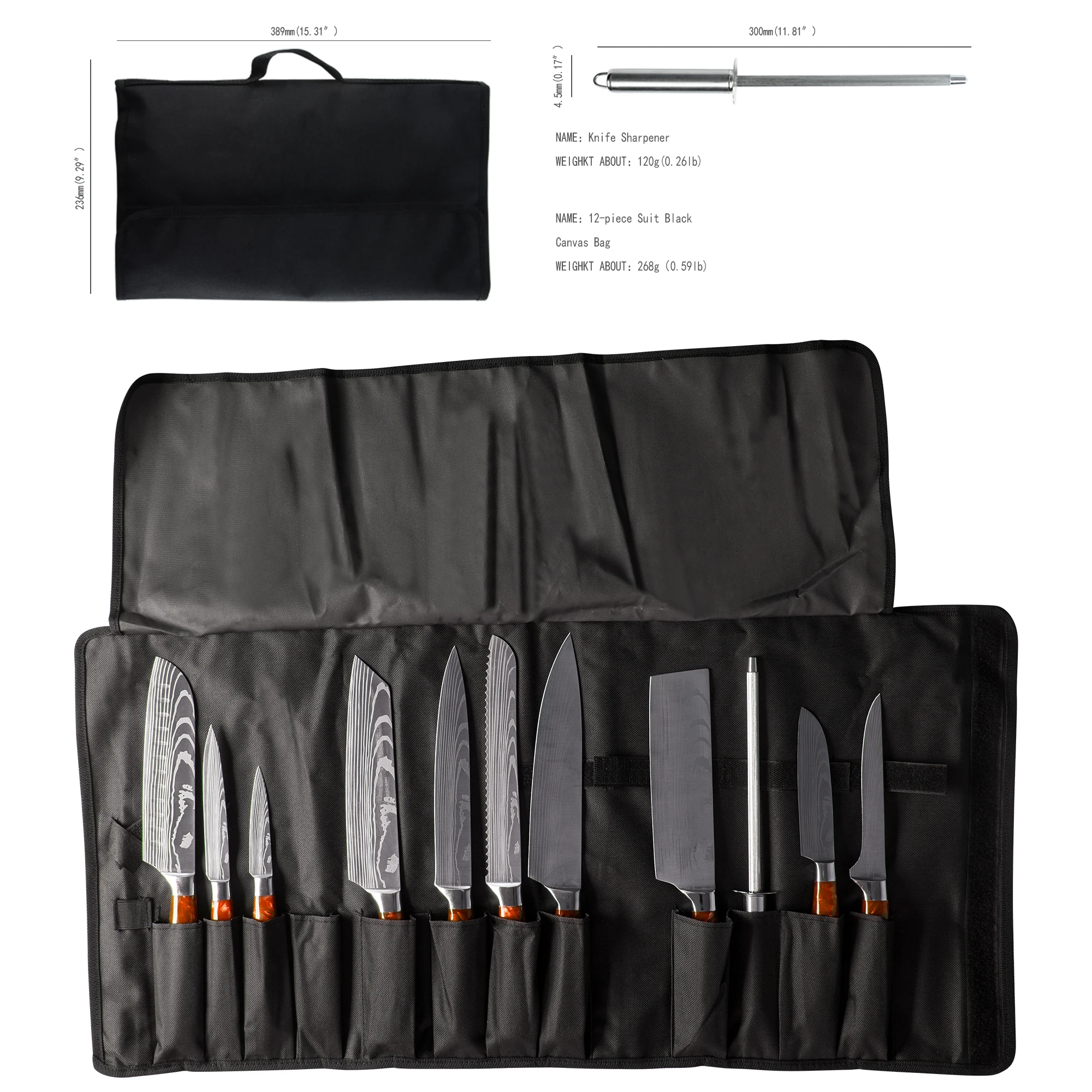 XYJ-Juego de cuchillos de Chef con bolsa de transporte, afilador, varilla de afilar, patr&oacute;n l&aacute;ser de acero inoxidable, herramientas de cocina, 13 unids/set por juego-3