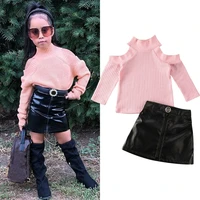 2020 spring kids baby girl clothing strapless jumper topszipper pu skirts 2pcs outfit clothes set fashion toddler kid suit 1 5t