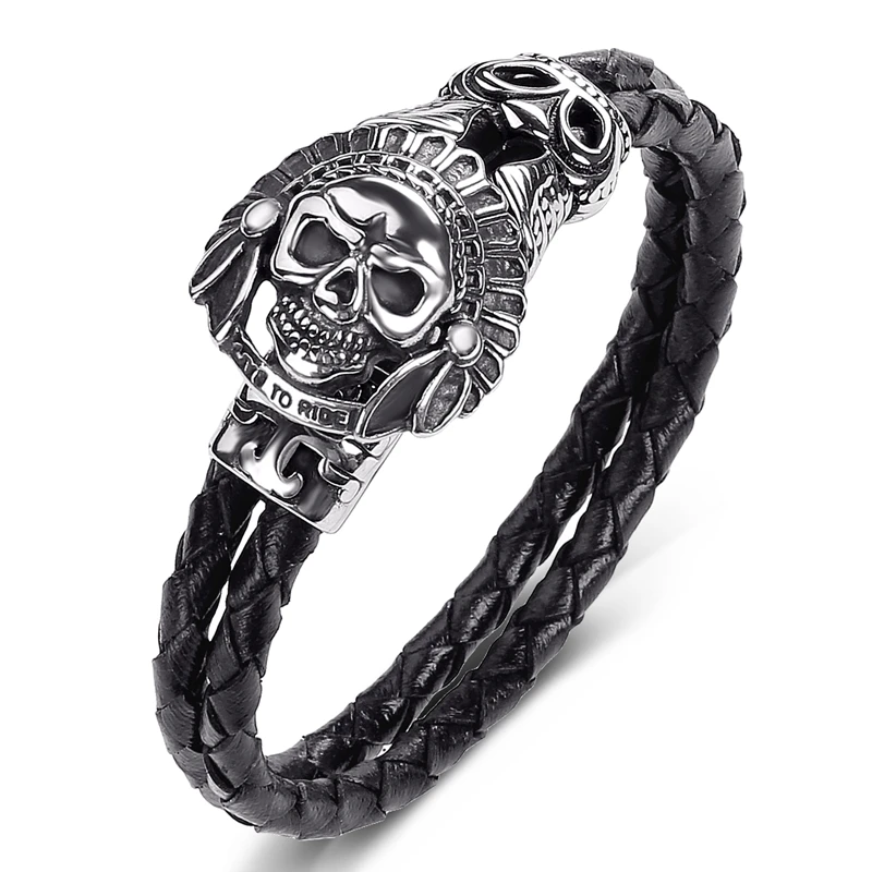 

Punk Rock Genuine Leather Hand Bracelet for Men Stainless Steel Skull Male Braided Rope Wristbands Skeleton Jewelry Bangles P521