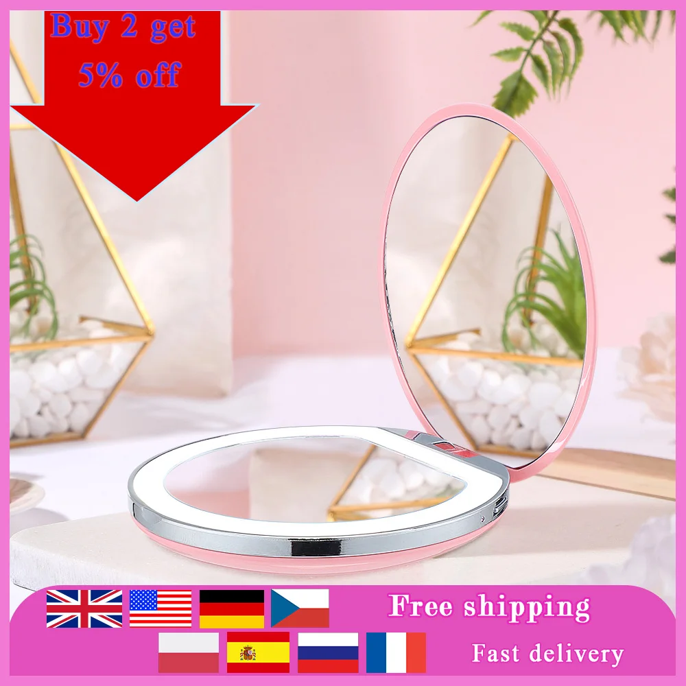 

Fold LED Makeup Mirror USB Rechargeable Mini Circular Cosmetic Dimmable Brightness Travel Round Shape Mirror for Women Girls