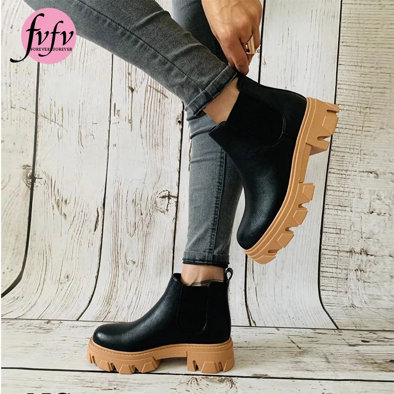 

Женские ботинки на массивной подошве [FVFV], черные ботинки челси из искусственной кожи с плюшевой подкладкой, на платформе joker, сезон осень-зи...