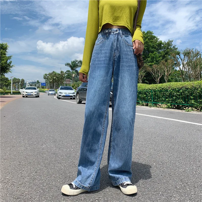 Женские джинсовые брюки с высокой талией повседневные синие прямые длинные в