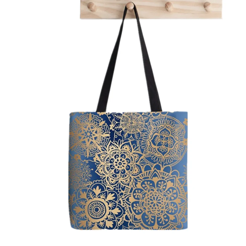 

Shopper Blue and Gold Mandala Pattern Printed Tote Bag women Harajuku shopper handbag girl Shoulder shopping bag Lady Canvas Bag
