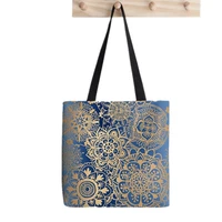 shopper blue and gold mandala pattern printed tote bag women harajuku shopper handbag girl shoulder shopping bag lady canvas bag