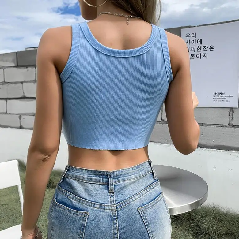 

2021 Summer Ribbed Tank Tops Sexy Crop Vest Fashion Harajuku Korean Female Knitted White Blue Summer Women Slim Fit Printed Tops