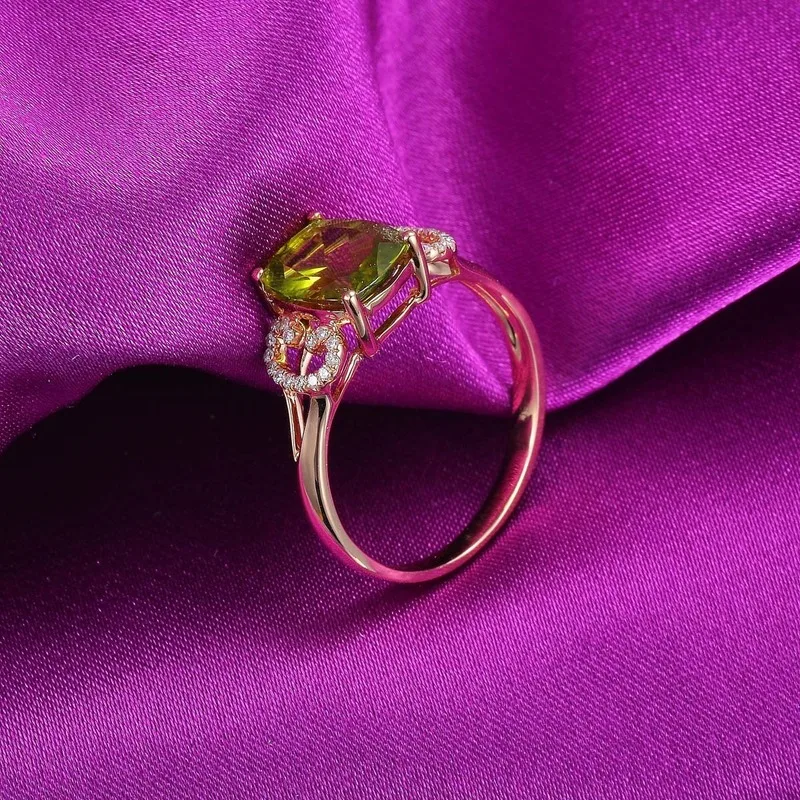 Женское кольцо с драгоценным камнем перидот розовое золото 14 к прямоугольная