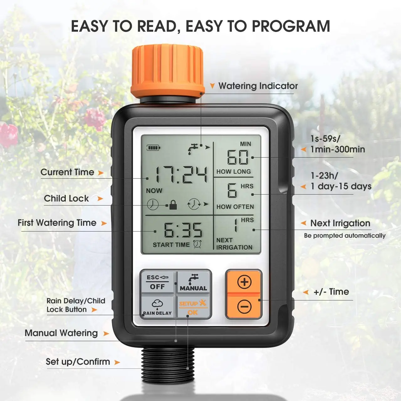 Temporizador de agua Digital programable autom&aacute;tico, 3 pantallas grandes, IP65, resistente al agua, para sistema de riego de jard&iacute;n y c&eacute;sped-1