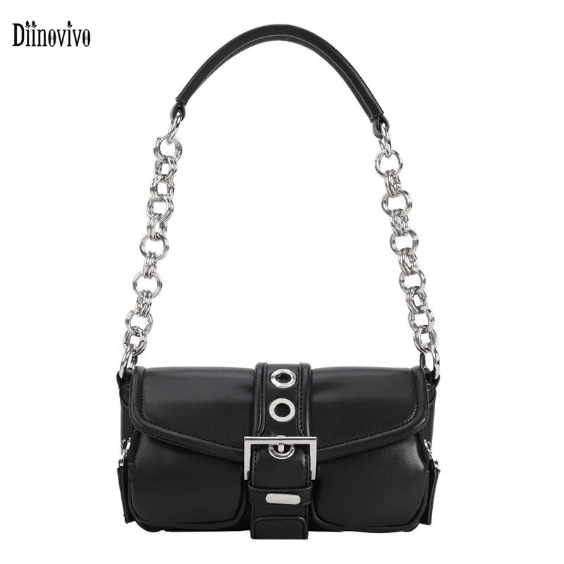 

DIINOVIVO Trend Female Tote Bags Vintage Round Ring Women Shoulder Bags Chain Design Underarm Bag Ladies Solid Color WHDV1892