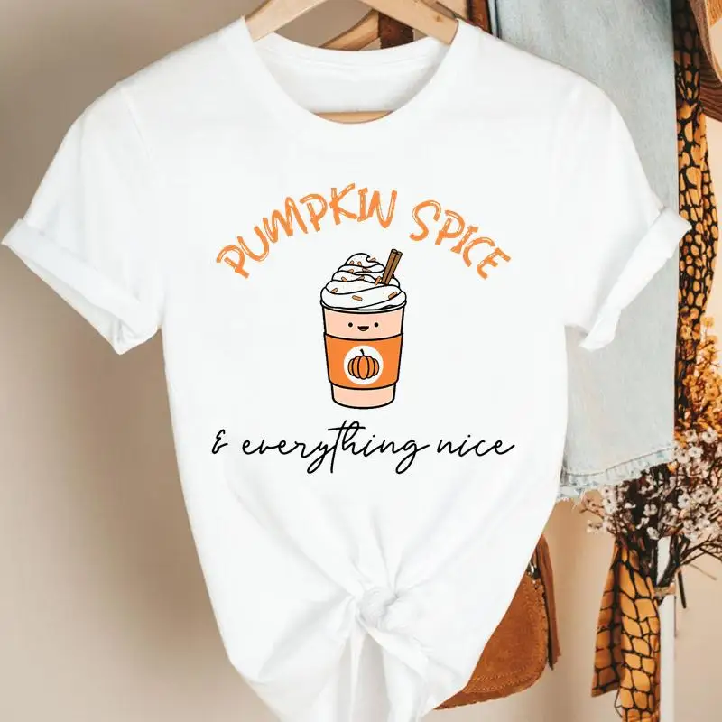 

Thanksgiving Halloween Letters Pumpkin Spice Print Tee Top Women Autumn Fall Lovely Cartoon Tshirt Female Graphic T-shirt