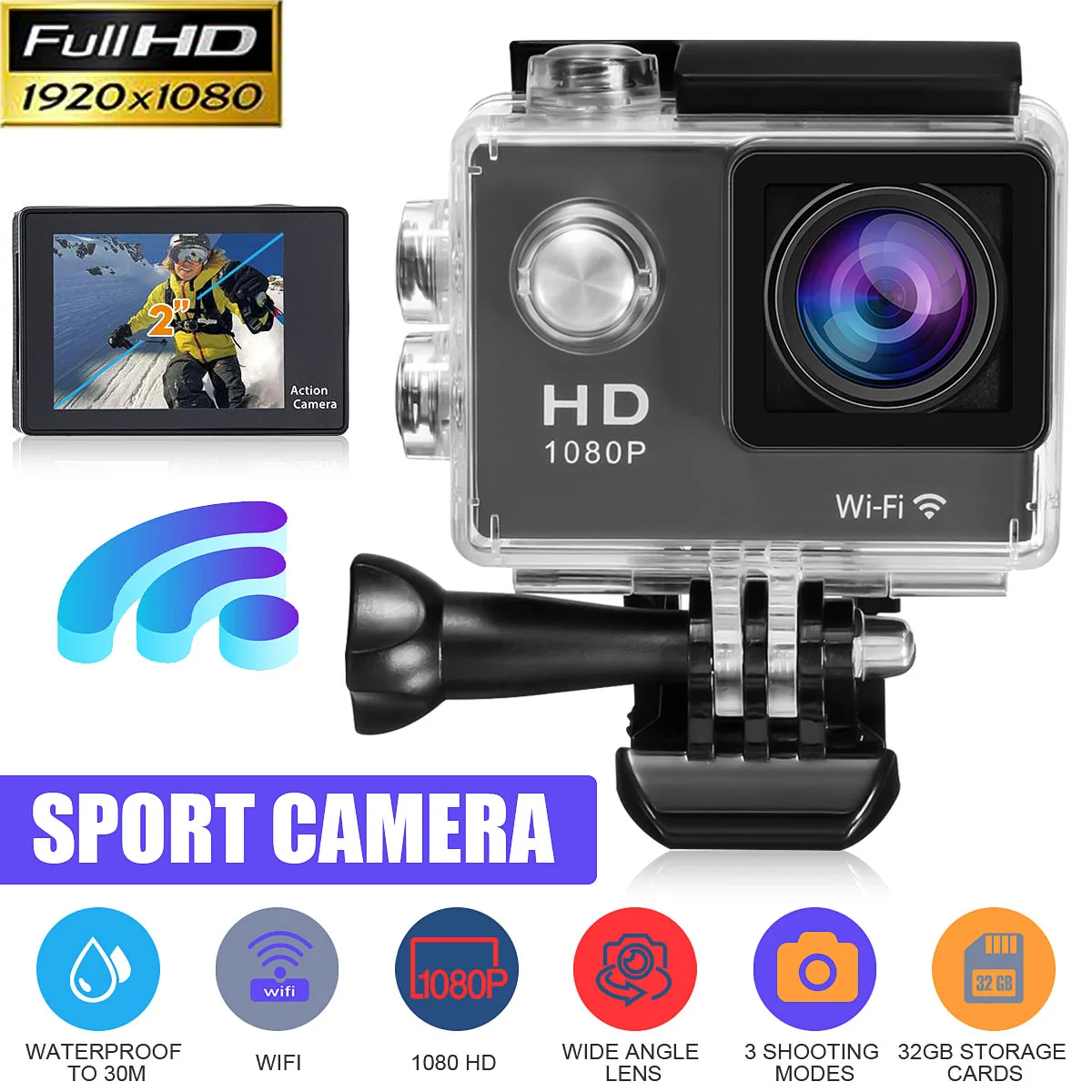 

1.5-дюймовая Экшн-камера Ultra HD 1080P/ 30fps WiFi 170 градусов подводный водонепроницаемый шлем видео запись камера s Спортивная камера