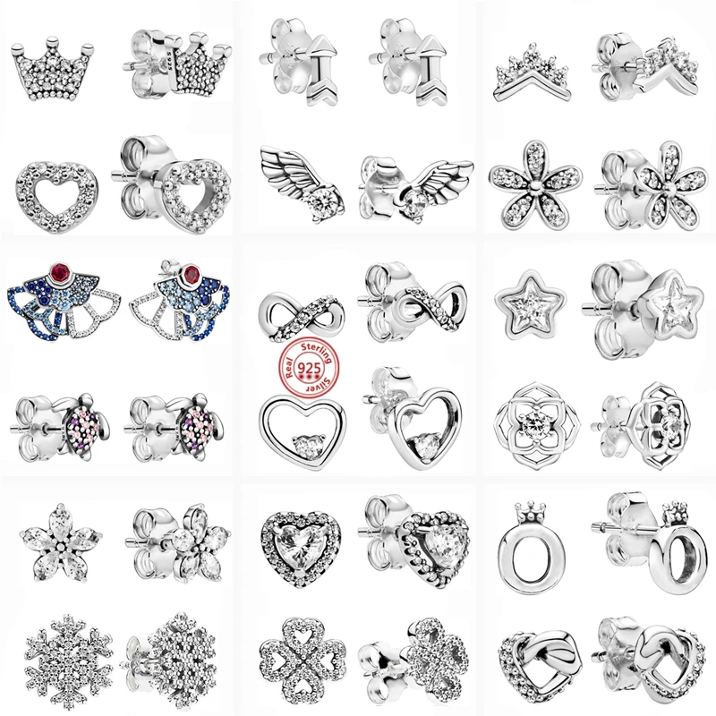 

New 925 Sterling Silver Earring Feather Flowers Heart Pavé Infinite Shine Earrings Fit Original Brand Charms Jewelry Gifts Women