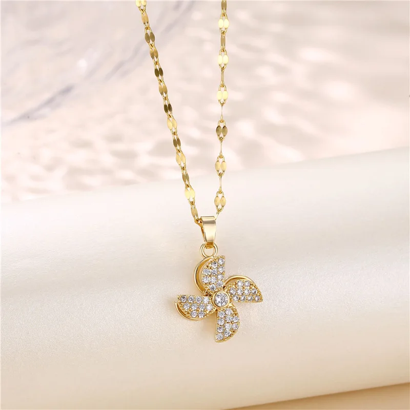 

New Zircon Crystal Rotate Windmill Pendant No Fade Stainless Steel Women Necklaces Female Sweet Birthday Gift Jewelry Wholesale