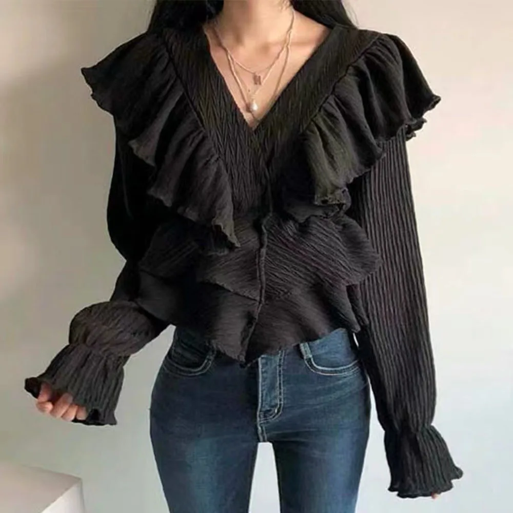 

Blouse 2021 South Korea V-neck Wrinkle Texture Ruffled Stitching Trumpet Sleeve Top Women's Solid Color Casual Temperament