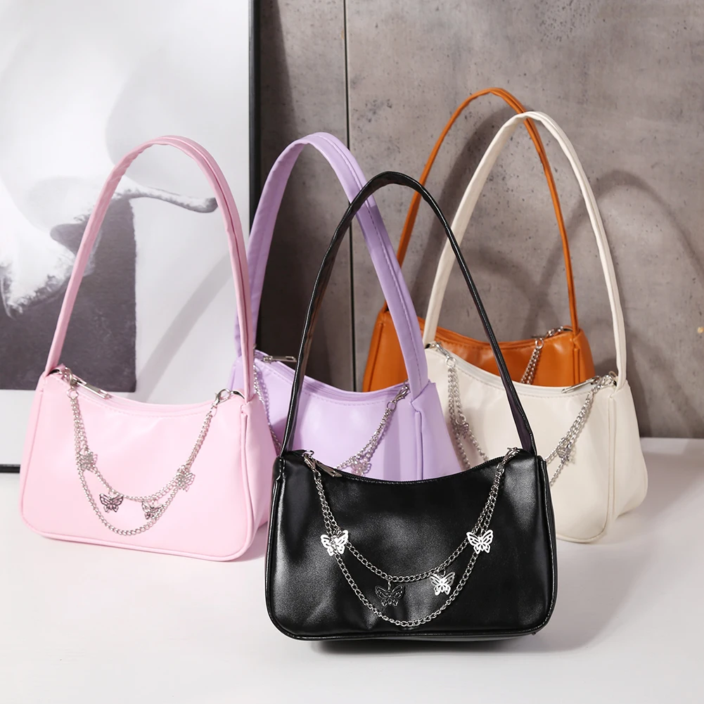 

Fashion Women Butterfly Chain Solid Color PU Leather Shoulder Underarm Bags Casual Ladies Small Handbags Purse