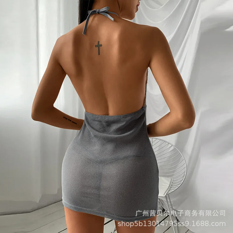 

Mandylandy Women's Lace Halter Sheath Dress Autumn Solid Color High Waist Hollow Out Backless Slim Fit Patchwork Pajamas Dress