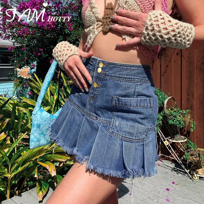 

High-waisted Pleated Mini Denim Skirt Women Vintage Summer Korean Fashion Button-up Skirts Girls Ripped Jean 2021 Iamhotty