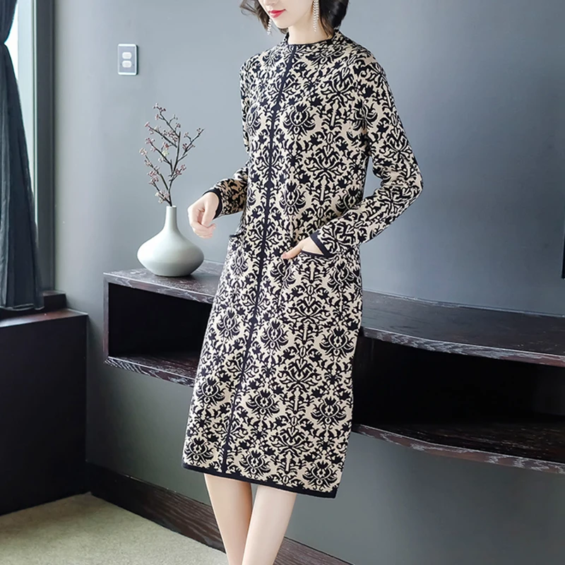 

2021 Autumn Winter Vintage Women Floral Sweaters Dresses Korean Plus Size Long Sleeve Midi One Piece Dress Female Elegant Party