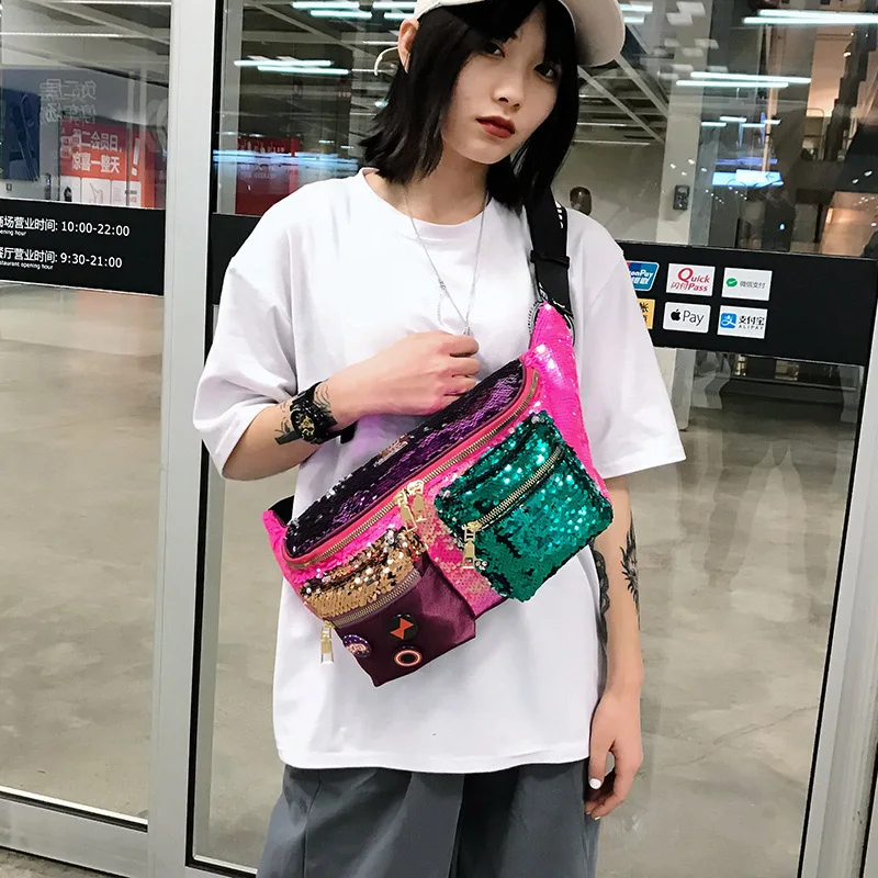 

Color Sequins Women's Waist Bag Large Capacity Hip Hop Fanny Pack Multiple Pockets Belt Bags Female Shoulder Crossbody Chest Bag