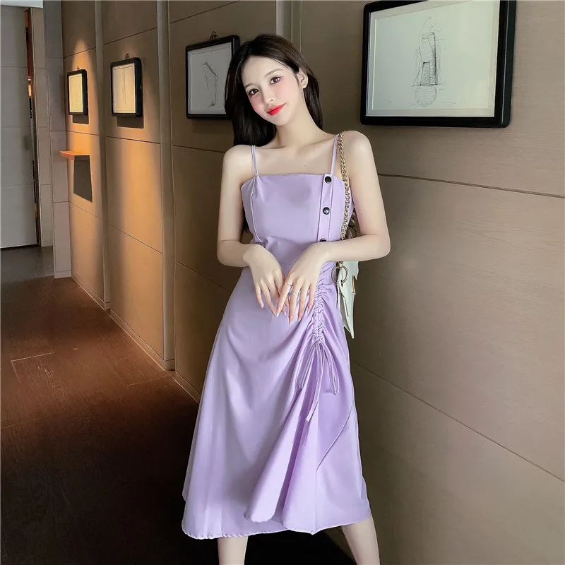 

COIGARSAM Women one-piece dress korean New Summer Spaghetti Strap Dresses Purple Green 9560