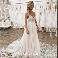 a line v neck beach wedding dresses lace top polka dot tulle backless wedding gown corset bridal dress 2021