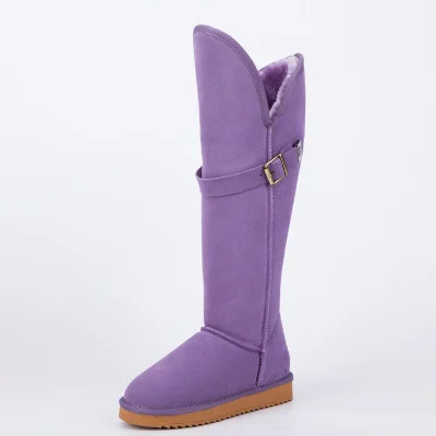 voilet nubuck Зимние сапоги до колена высокие зимние сапоги из натуральной воловьей кожи замшевая женская обувь на плоской подошве водонепроницаемая обувь с пряжкой - Цвет: voilet nubuck