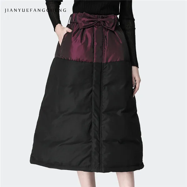 Black-Purple Женские длинные зимние юбки с высокой талией, юбка на утином пуху, утолщенная теплая, плюс размер, трапециевидная юбка макси, Женская юбка до середины икры, Jupe - Цвет: Black-Purple