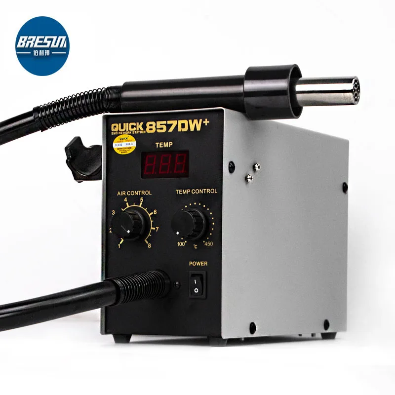 

Quick 857DW+ Soldering Station 580W Adjustable Hot Air Gun Station with Heater Helical Wind Air Gun SMD Hot Rework Station