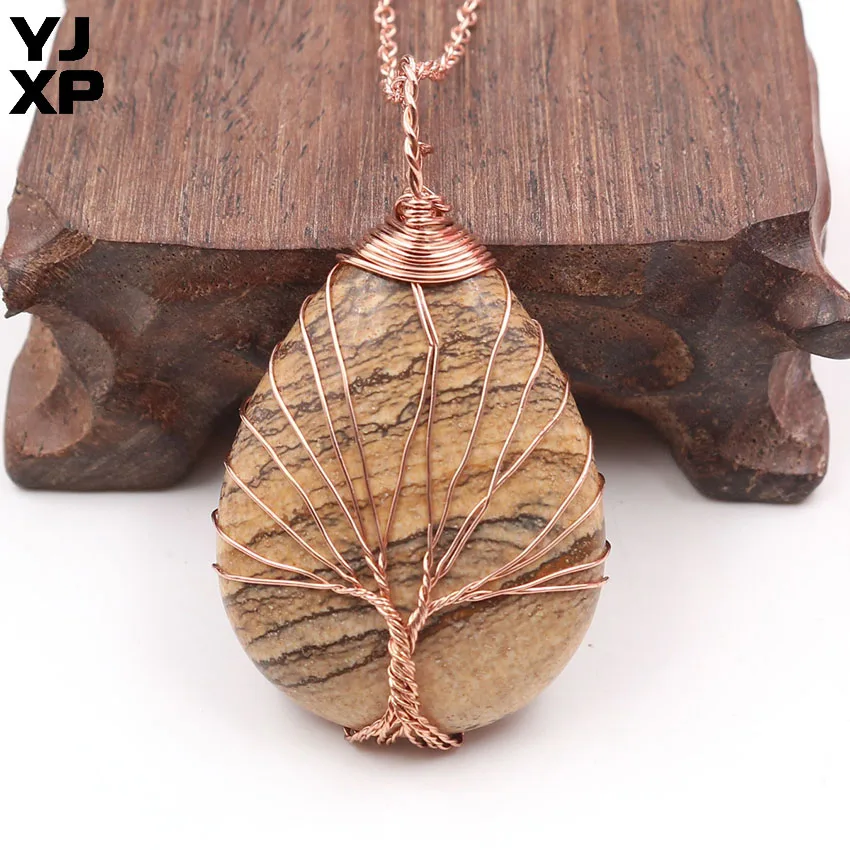 

YJXP Tree of Life Pendant Necklaces Wire Winding Natural Crystal Water Drop Birthstone Pendants for Women Reiki Healing Jewelry