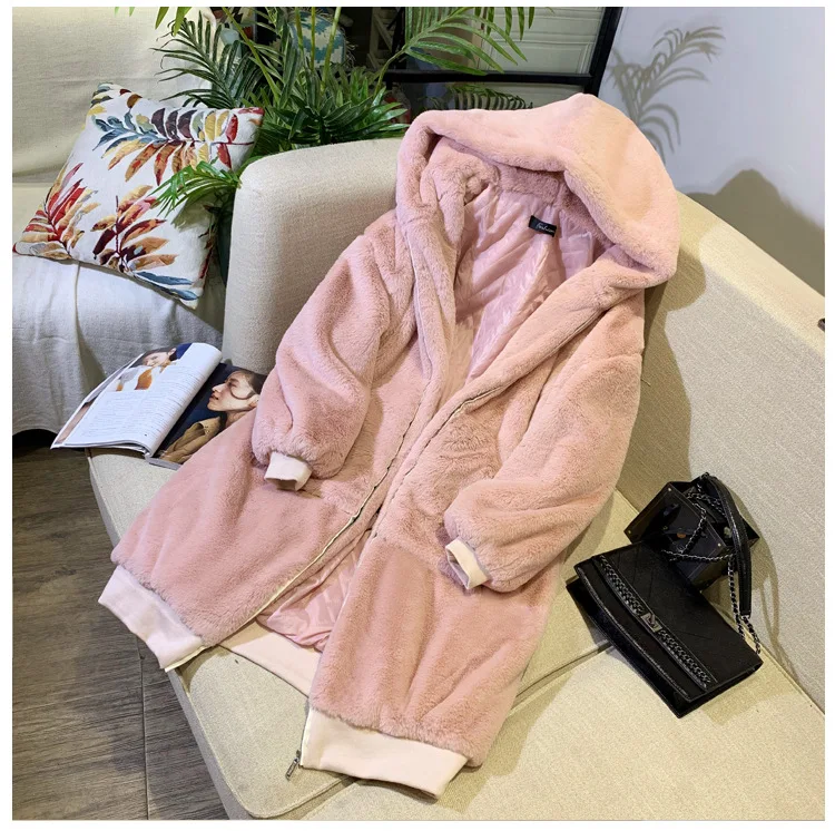 Light Pink Женское пальто из искусственного меха, повседневные толстовки с мехом, Толстая теплая длинная куртка из искусственного кроличьего меха, свободное зимнее пальто для женщин, casaco feminino - Цвет: Light Pink