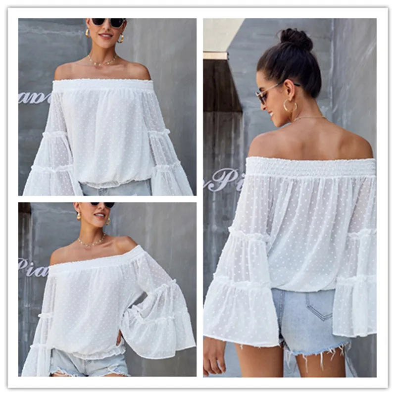 

Hot New Style Flare Long Sleeve Chiffon Shirt Women Off-The-Shoulder Slash Neck Hollow Loose Tops Street Casual Pullover Blouse