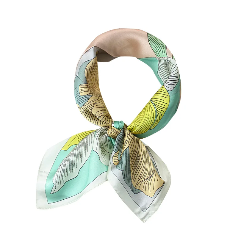 

100% Silk Scarf Women Fashion Small Kerchief Bandana Color Block Flower Print Neckerchief Shiny Headband Turban 53*53cm