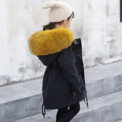 black yellow Army Green Coat Fur Jacket Girls Winter Clothes Rabbit Fur Kids Parkas Real Raccoon Fur Hooded Children Jacket For Girls TZ90 - Цвет: black yellow