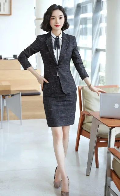 Black coat and skirt Модные женские деловые брюки костюмы OL темперамент формальный длинный рукав Тонкий Блейзер и брюки офисная Дамская интервью Рабочая одежда - Цвет: Black coat and skirt