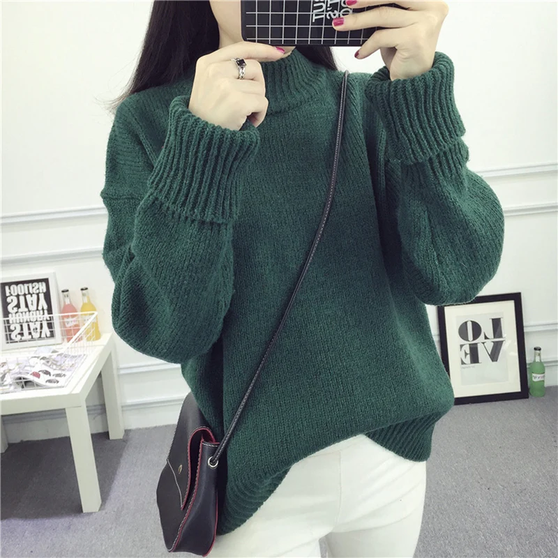 

Women's Half-High Collar Thick Sweater Fashion Loose Autumn and Winter Shirts Trend Casual Slim Sweater Pure Wool Pullover B42