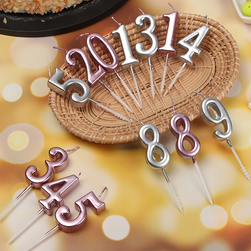 Металлические Блестящие свечи 0-9 с цифрами на день рождения розовые золотые