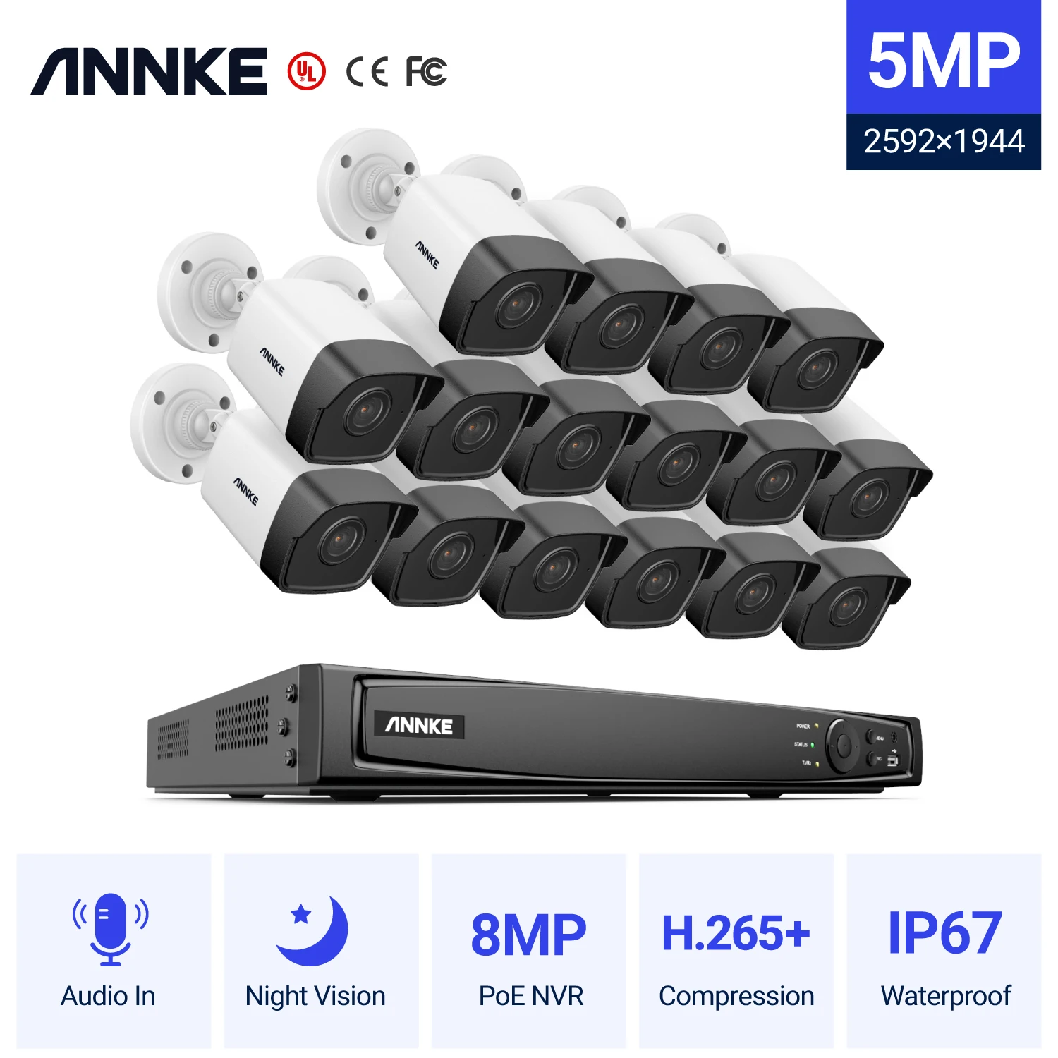 

ANNKE 16CH FHD 5MP POE Network Video Security System 8MP H.265+ NVR With 16X 5MP IP Cameras Video Surveillance Cameras Audio in