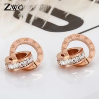 zwc fashion stainless steel roman numeral stud earrings for women girls party personality zircon double circle earrings jewelry