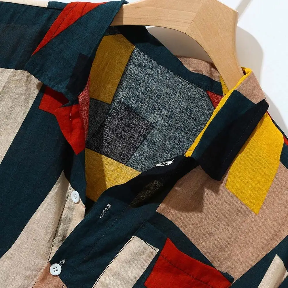 Для мужчин рубашка в гавайском стиле летние пляжные Camisas Hombre короткий рукав с геометрическим принтом Для мужчин s рубашки, Повседневная Блузка Топы Ropa Blusa Masculina