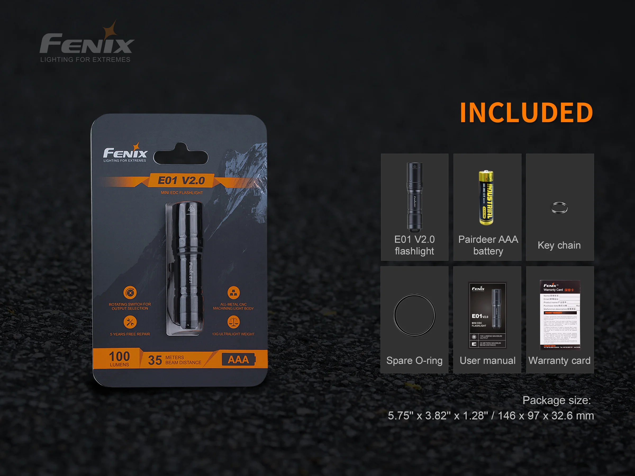 Миниатюрная вспышка Fenix E01 V2.0 водонепроницаемая мощсветильник Ная с