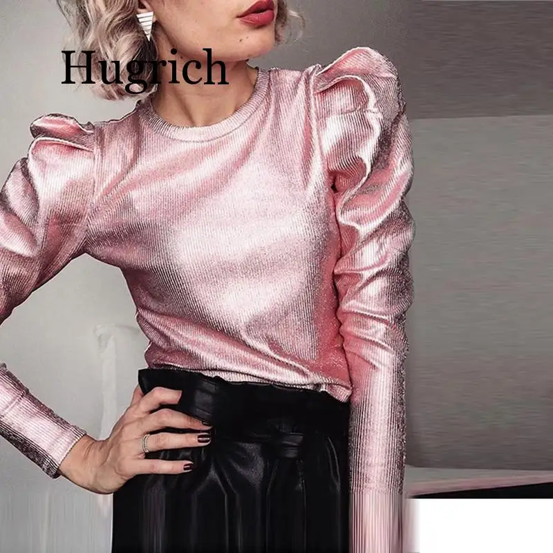 Gold Velvet Puff Long Sleeve Blouse Casual Shirt Women Spring O Neck Slim Fit Tops Fashion Streetwear Autumn Blouse