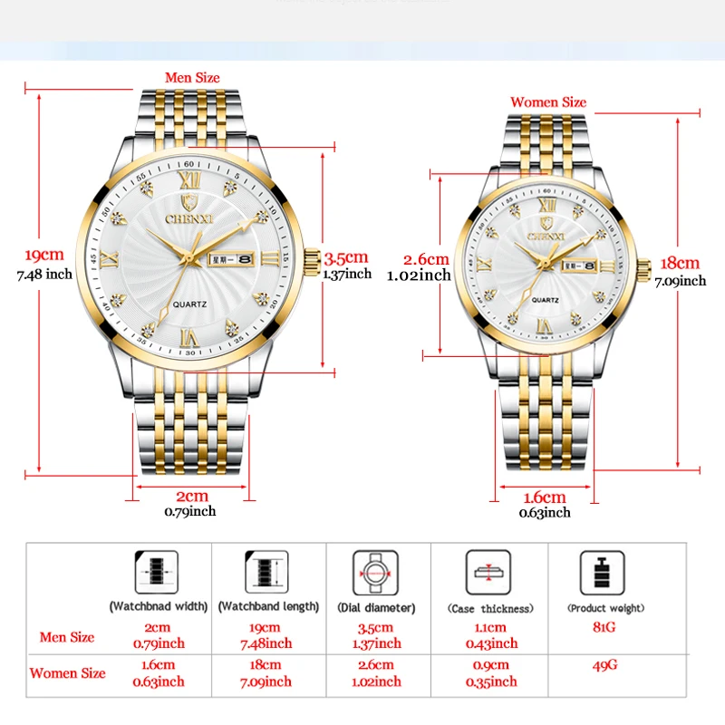 

CHENXI New Couple Watches Luxury Brand Women or Men Watches Quartz Date week Clock Wristwatches Female Waterproof Montre Femme
