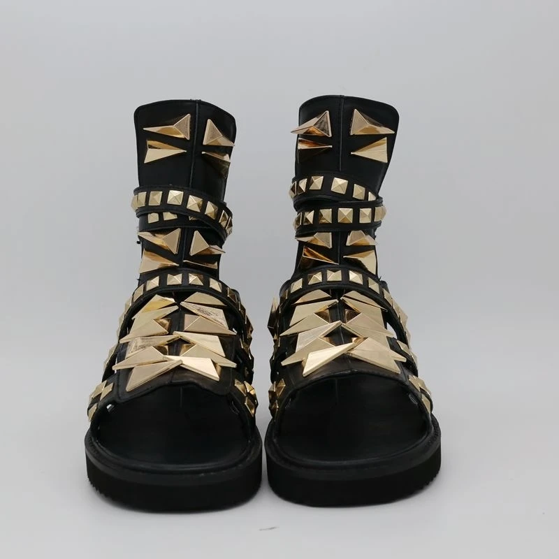 Летние мужские сандалии гладиаторы с высоким берцем и металлическими заклепками