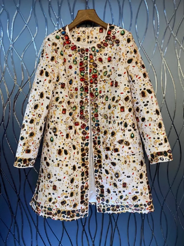 

Женское Прямое пальто с длинным рукавом, украшенное бусинами и стразами, Повседневная винтажная верхняя одежда, осень-зима 2021