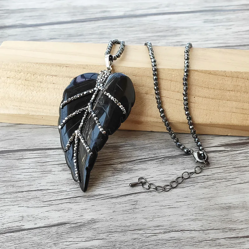 5Pcs Hematite beads necklace,obsidian stone leaf shape charm Pendant rhinestone crystal pave For Women Jewelry NK517