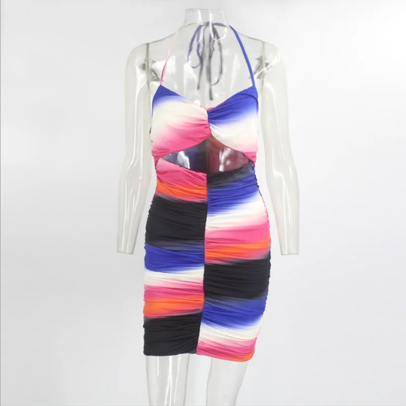 

Hollow Out Patchwork Print Women Dress Summer Spaghetti Strap Holiday Sleeveless Lady Backless Party Sexy Mini Dresses 2020