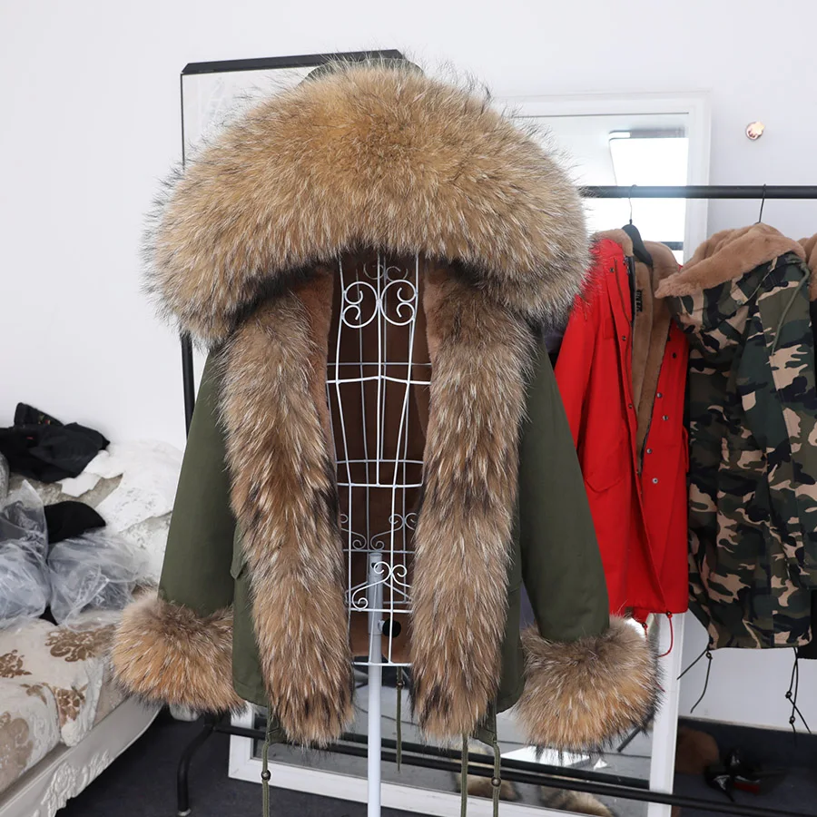 MAOMAOKONG Winter Clothes Women Natural fur coat Real Raccoon Fur Collar Parkas Faux Fur Lining Short Jacket add Placket cuf fur