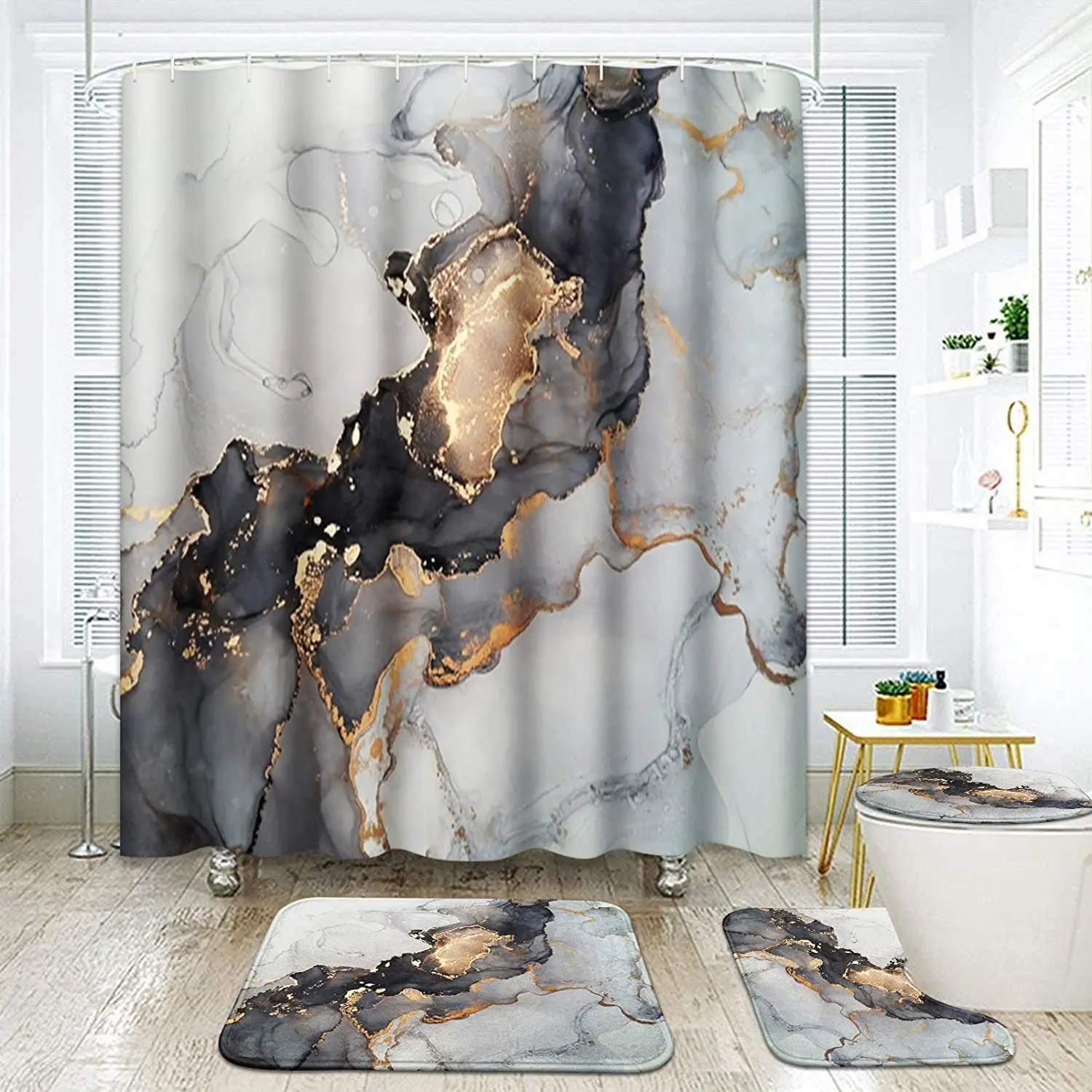 

Black Gold Marble Print Shower Curtain Set Carpet Cover Toilet Cover Bathroom Mat Cushion Cover Bathroom Curtain Household