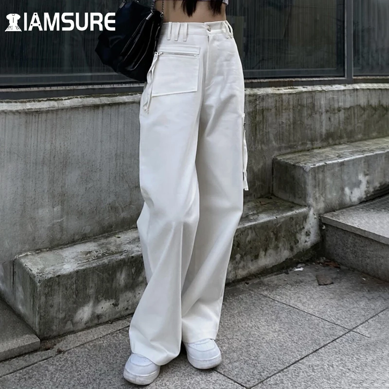 

Повседневные свободные однотонные джинсы IAMSURE с карманами, элегантные модные широкие брюки с высокой талией, женские джинсовые брюки 2021