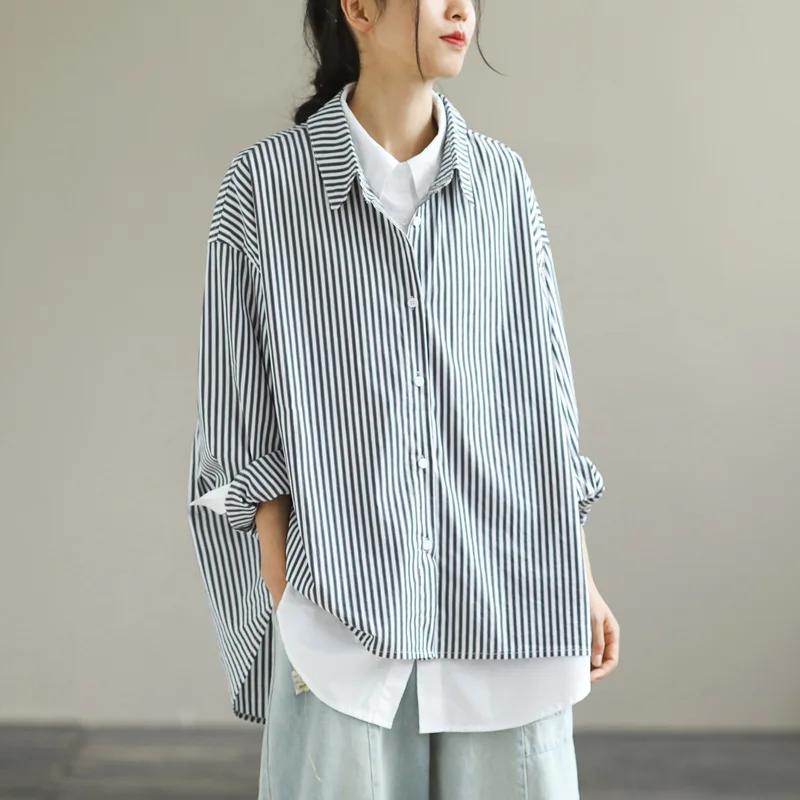 

VANOVICH 2022 Autumn New Women Shirts Fashion Casual Lapel Fake Two Piece Wild Cotton Ladies Tops Striped Long-sleeve Shirts