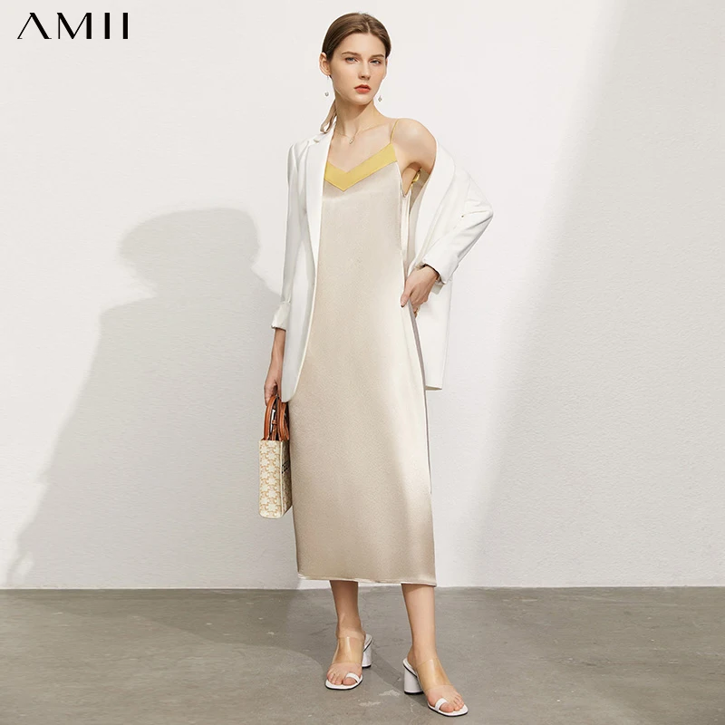 

Amii Minimalism Luxury Acetate Women's Dress Fashion Solid Vneck Patchwork Aline Calf-length Women's Summer Dress 12170301
